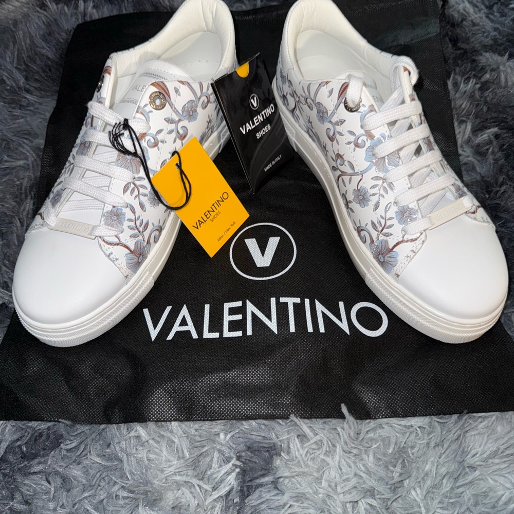 Valentino White and Blue Floral Sneakers